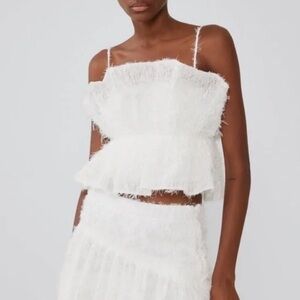 Zara white feather fringe top size S